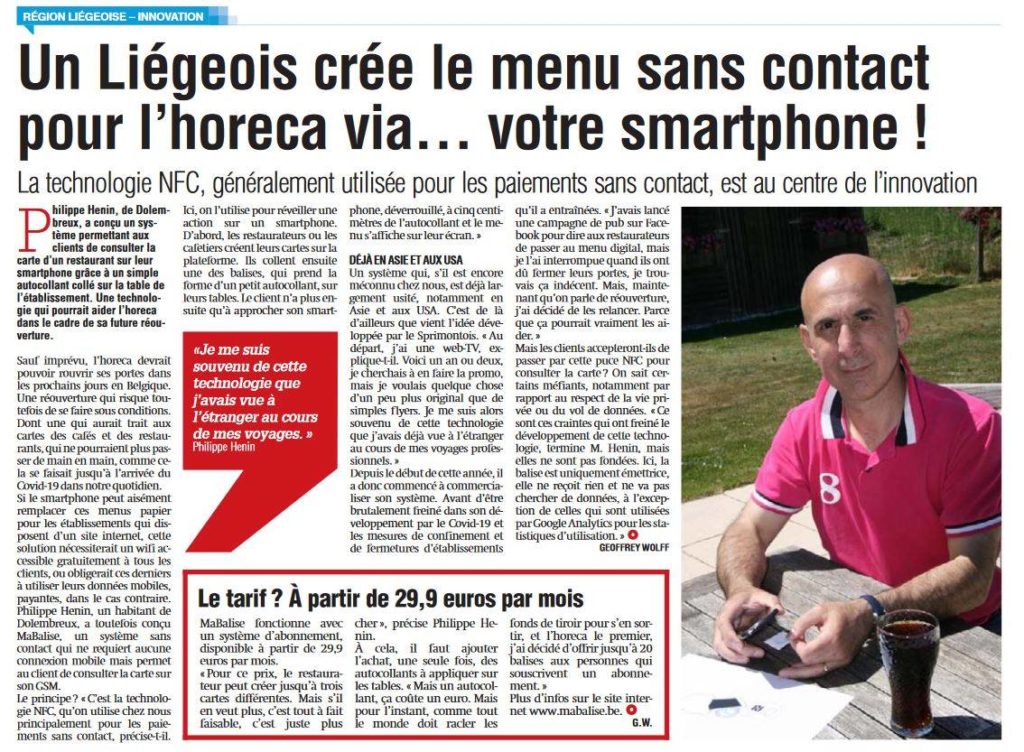 Article extrait du journal La Meuse -Sud Presse- du 03 juin 2020 à propos des menus sans contact pour les bars et restaurant (le secteur Horeca en général) lors de la réouverture au sortir du 1er lockdown.